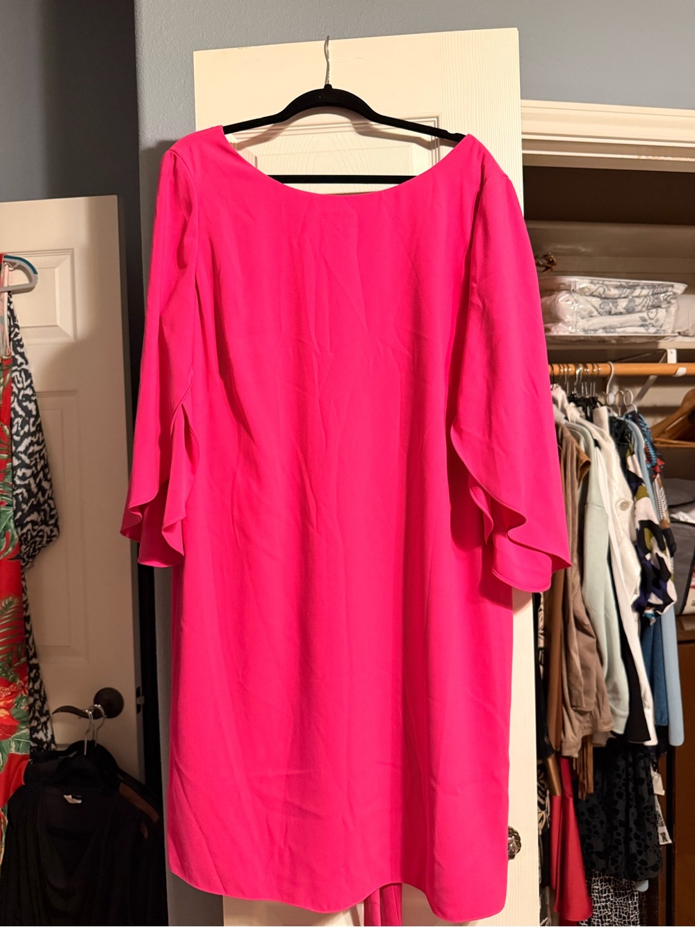 Tahari Hot Pink Long Sleeve Shift Dress